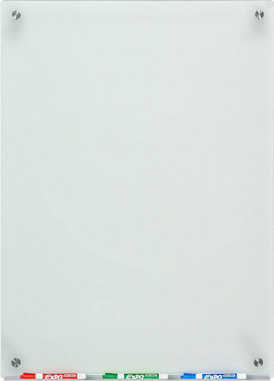 Frosted Glass Dry-Erase Board with Aluminum Marker Tray (Non-Magnetic). Wall Mounted Vertically 24" x 36"