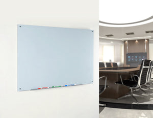 Magnetic White Glass Dry-Erase Board Set - Includes Board, Magnets, and Marker Tray. Wall Mounted in a conference room .