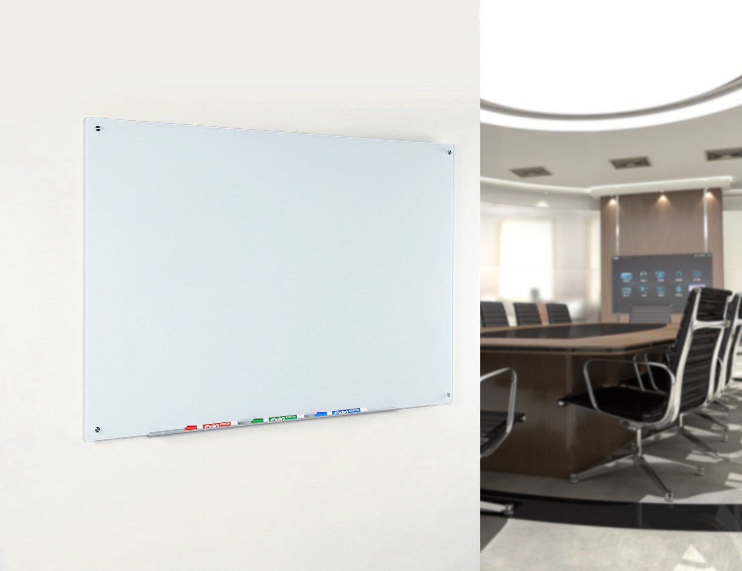 Magnetic Ultra White Glass Dry-Erase Board Set - Includes Board,  Neodymium Magnets, and Marker Tray. Wall Mounted in  Office setting. 