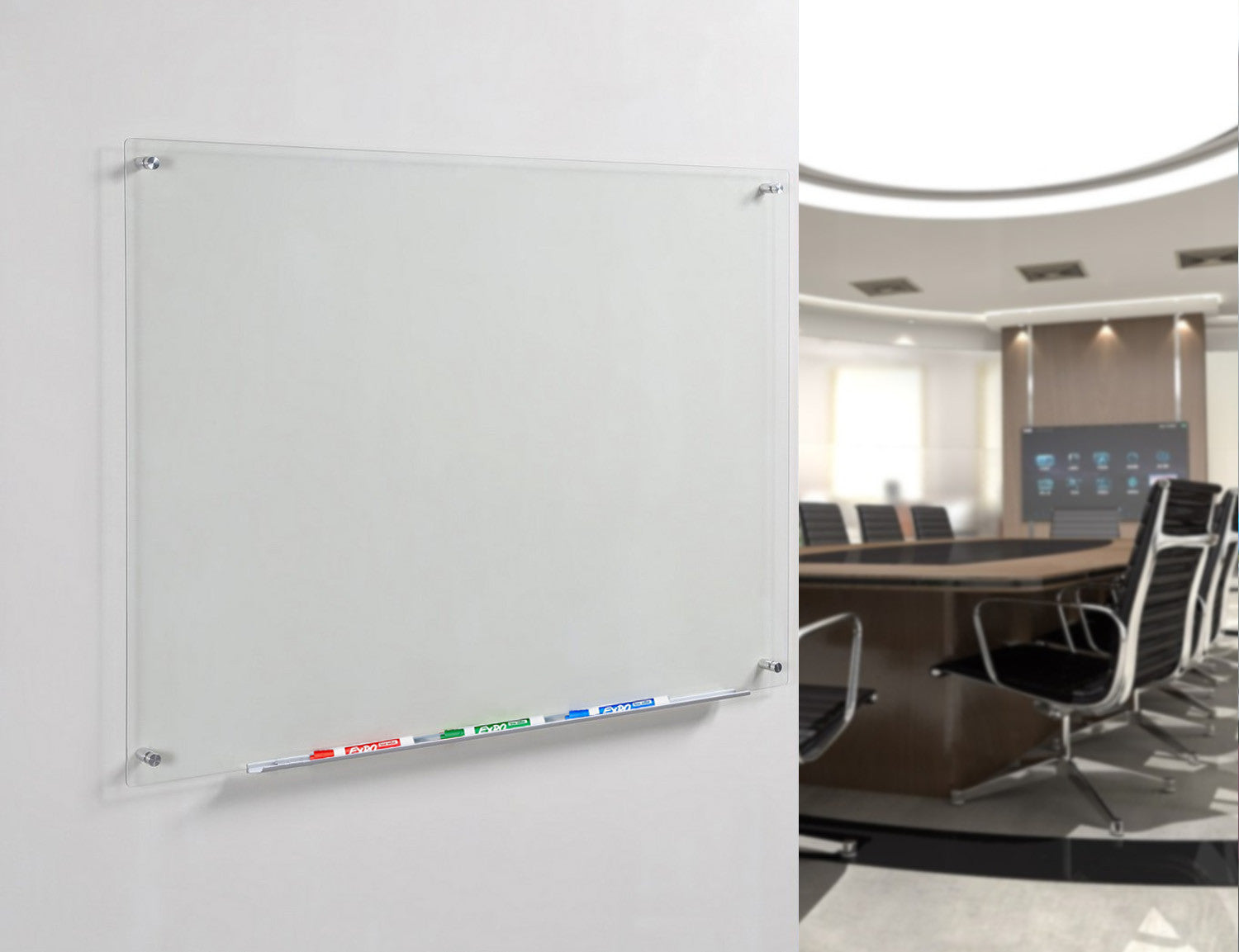 Clear Glass Dry-Erase Board with Aluminum Marker Tray. Wall Mounted in a business office during a presentation. 