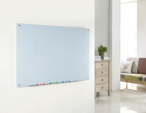 Magnetic White Glass Dry-Erase Board Set - Includes Board, Magnets, and Marker Tray. Wall Mounted in a living room for memo board use. 