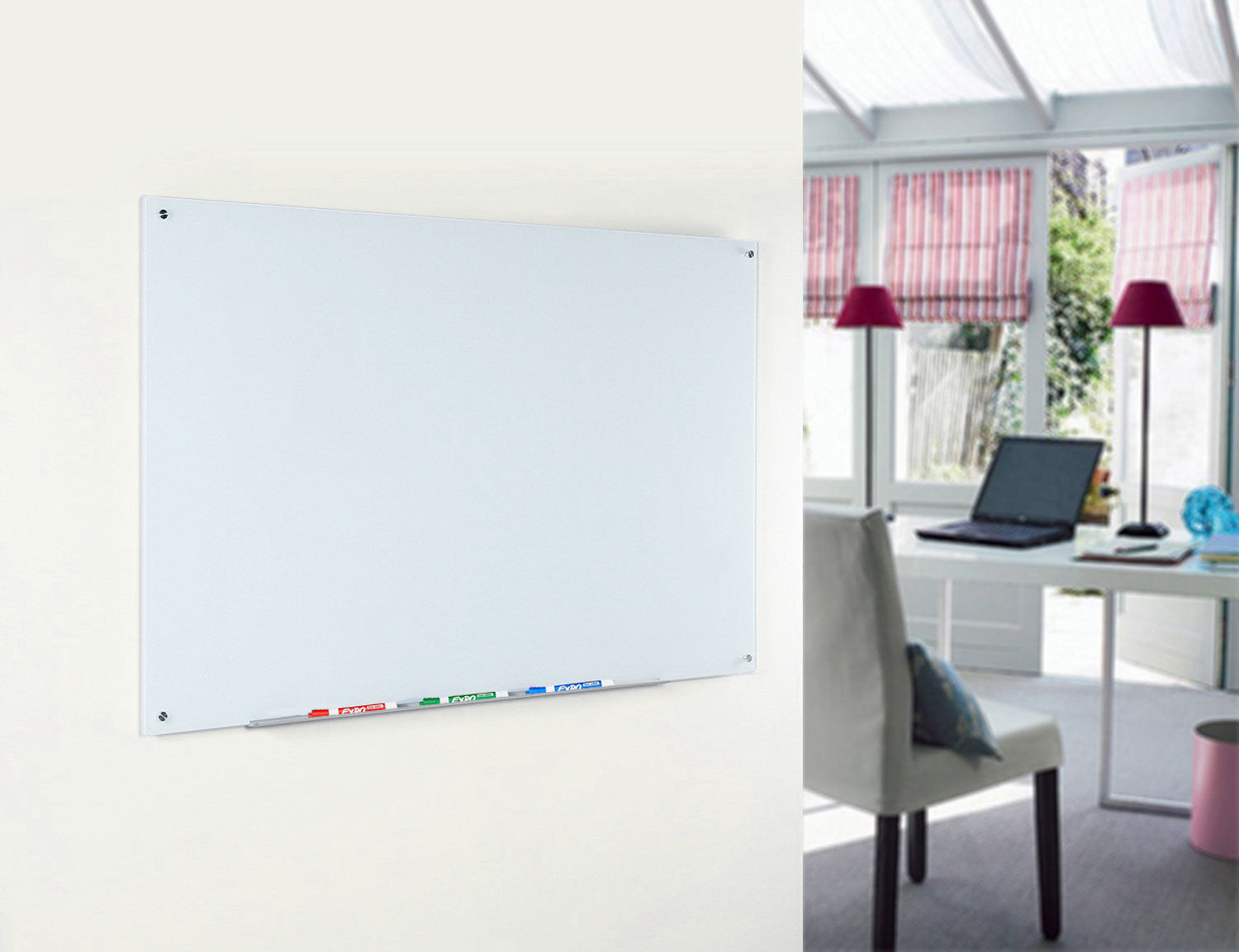 Magnetic Ultra White Glass Dry-Erase Board Set - Includes Board, Magnets, and Marker Tray. 3' x 4' shown in a home office setting. 