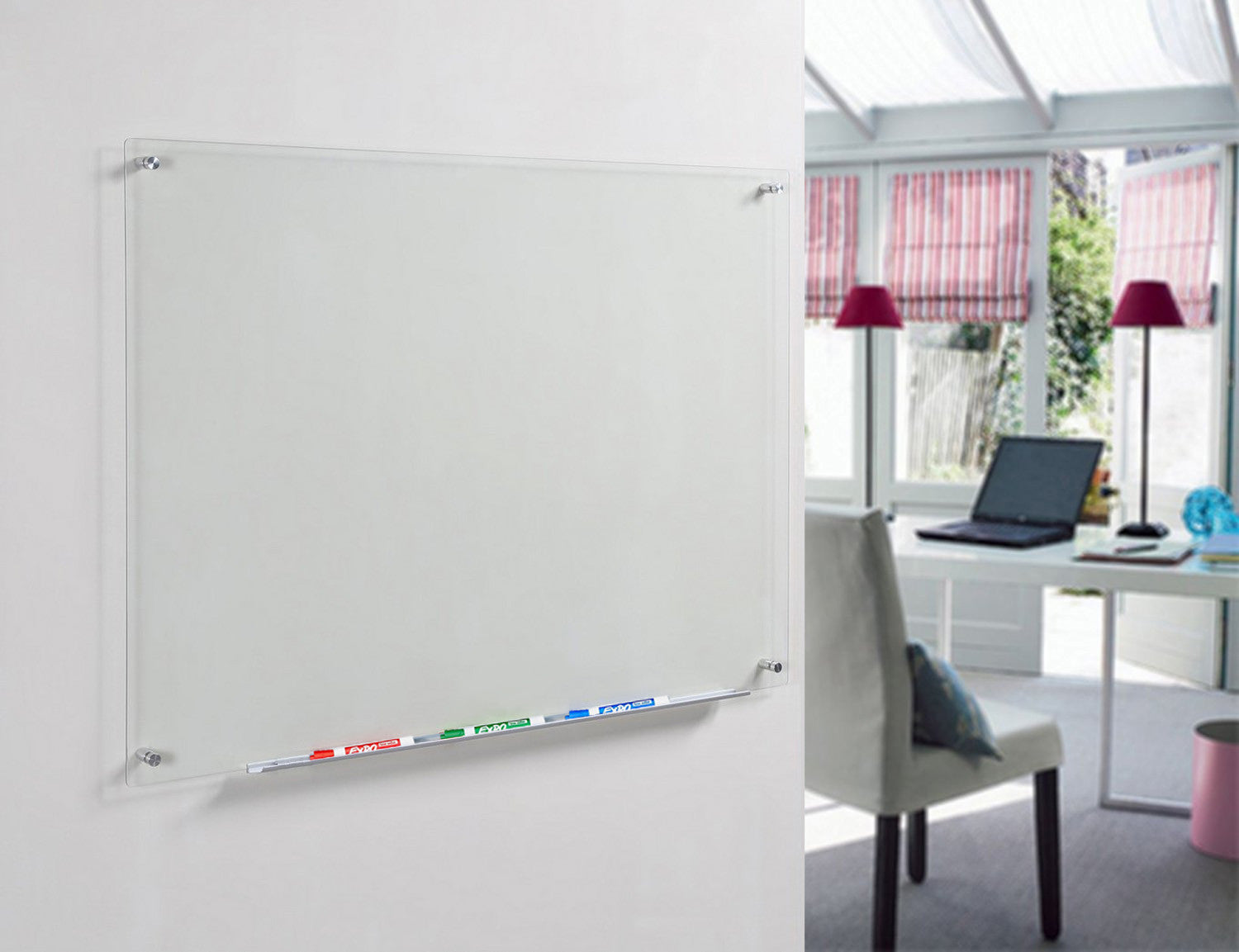 Clear Glass Dry-Erase Board with Aluminum Marker Tray.  Staged in a home office. 