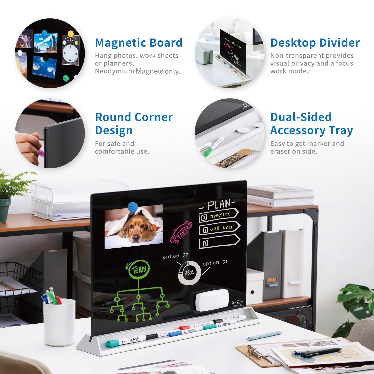 Audio-Visual Direct Glass Dry-Erase Board Divider for Desktop.