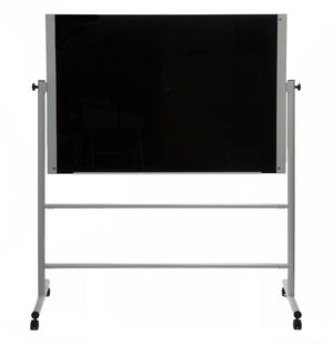 Easel Stand For Glass Dry-Erase Boards (Stand Only Does Not Include Glass Board). Locking wheels and mobile. Shown holding a black board. 