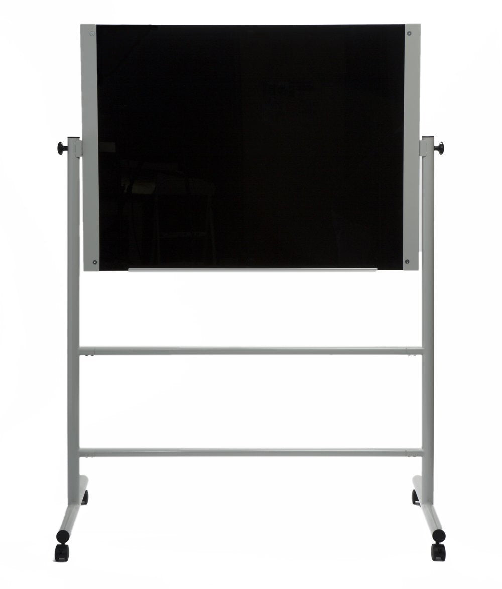 Easel Stand For Glass Dry-Erase Boards (Stand Only Does Not Include Glass Board). Locking wheels and mobile.  Shown holding a black board. 