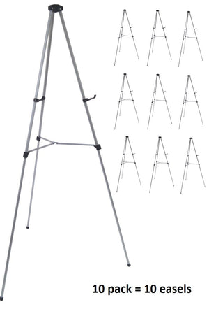 Pack of 10 Lightweight Aluminum Telescoping Display Easel, Silver (10 pack).