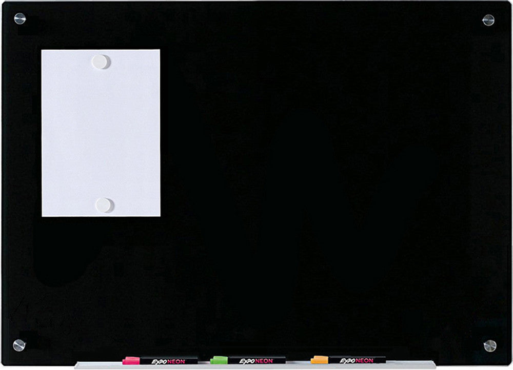 Magnetic Black Glass Dry-Erase Board Set - Includes Board, Magnets, and Marker Tray. 36" x 24" wall mounted  Includes 2 Neodymium Magnets. 