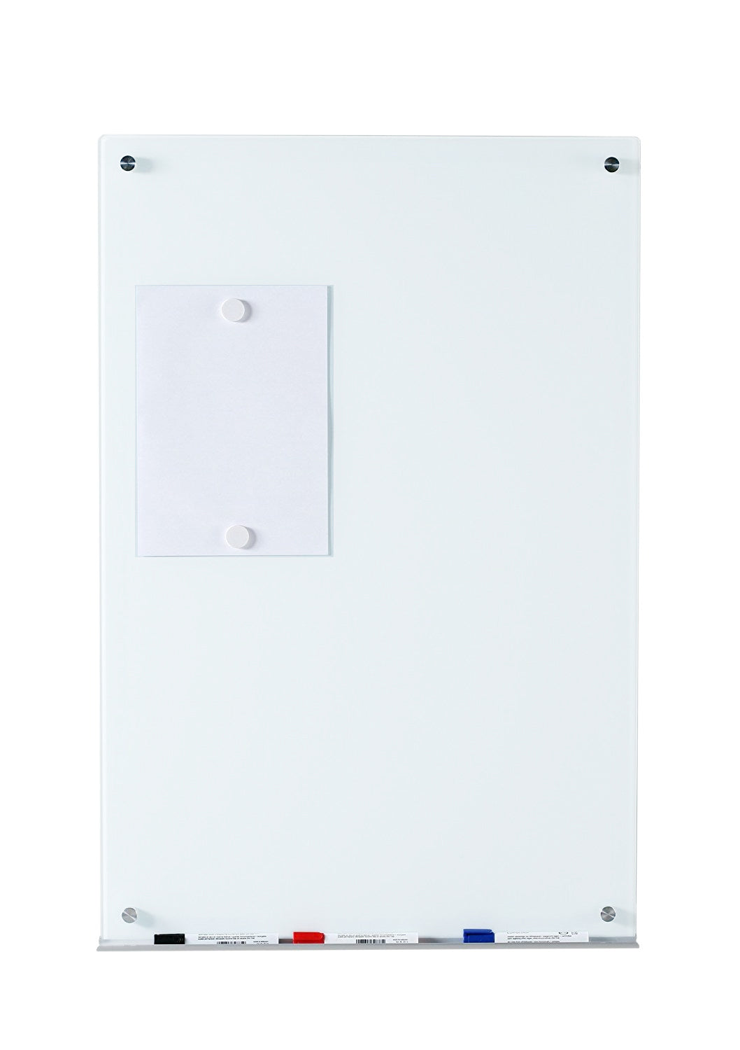 Magnetic Ultra White Glass Dry-Erase Board Set - Includes Board, Magnets, and Marker Tray. Vertical orientation 24" x 36" 3' x 4'