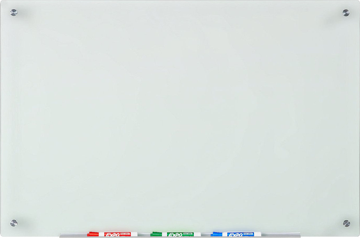 Frosted Glass Dry-Erase Board with Aluminum Marker Tray (Non-Magnetic). 24" x 36" wall mounted tempered glass board 