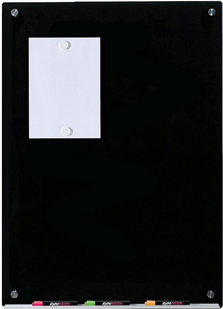 Magnetic Black Glass Dry-Erase Board Set - Includes Board, Magnets, and Marker Tray. Wall Mounted Vertically  Includes 2 Neodymium Magnets. 