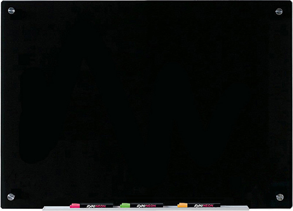Black Glass Dry-Erase Board with Aluminum Marker Tray neon Expo pens on the marker tray. Full Black Board Size 24" x 36"