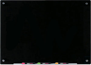 Black Glass Dry-Erase Board with Aluminum Marker Tray neon Expo pens on the marker tray. Full Black Board Size 24" x 36"