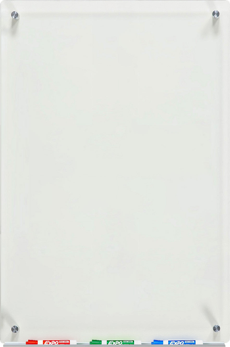 Clear Glass Dry-Erase Board with Aluminum Marker Tray. Vertically mounted 24" x 36"