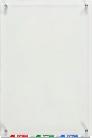 Clear Glass Dry-Erase Board with Aluminum Marker Tray. Vertically mounted 24" x 36"