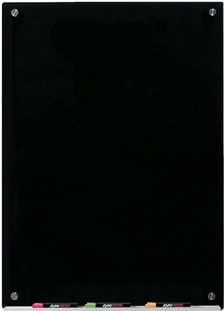Black Glass Dry-Erase Board with Aluminum Marker Tray. Wall Mounted in Vertical position.  