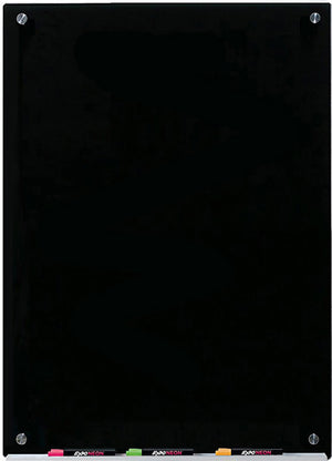 Black Glass Dry-Erase Board with Aluminum Marker Tray. Wall Mounted in Vertical position.  
