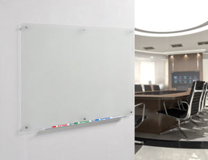 Frosted Glass Dry-Erase Board with Aluminum Marker Tray (Non-Magnetic). Wall Mounted in a conference room. 