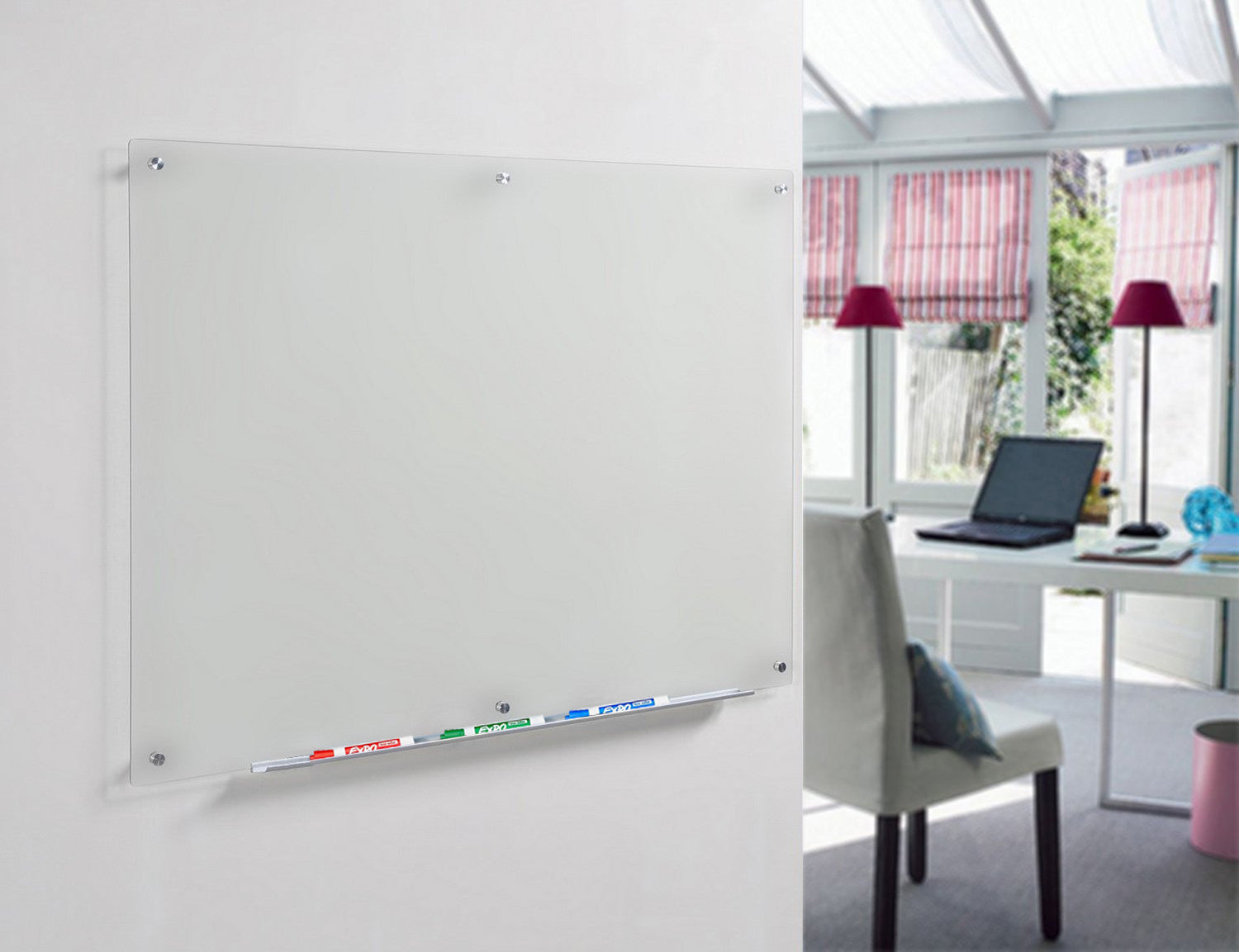 Frosted Glass Dry-Erase Board with Aluminum Marker Tray (Non-Magnetic). Wall Mounted In a Home Office. 
