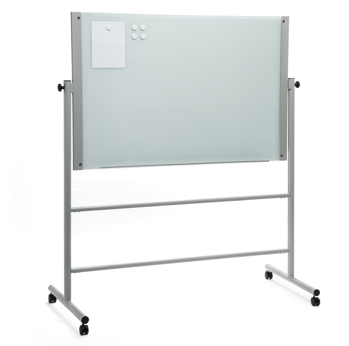 Easel Stand For Glass Dry-Erase Boards (Stand Only Does Not Include Glass Board). Locking wheels and mobile.  Shown with board installed and magnets holding paper for presentation. 