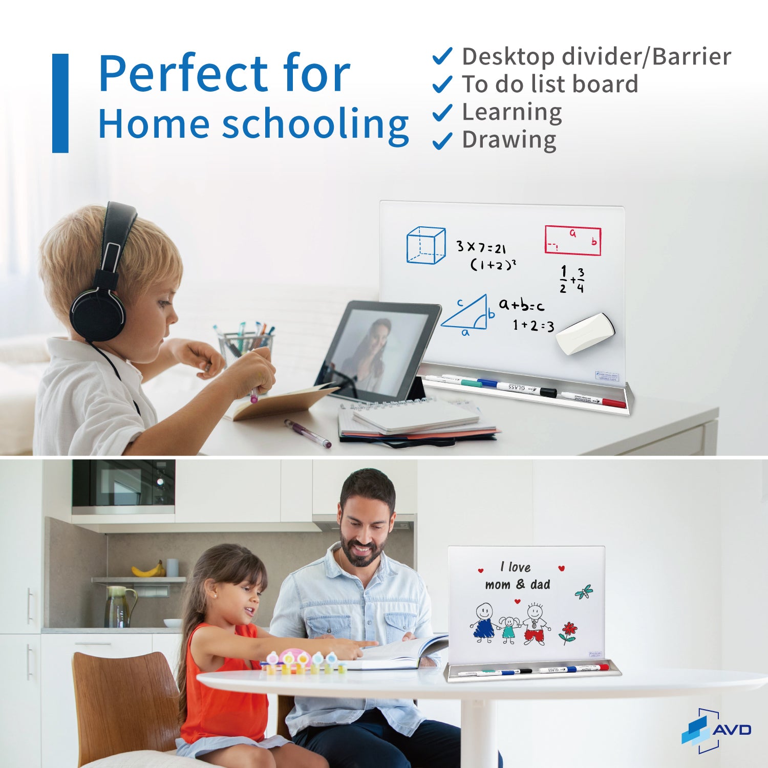 Audio-Visual Direct Glass Dry-Erase Board Divider for Desktop.