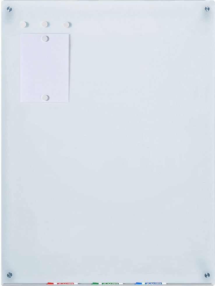 Magnetic White Glass Dry-Erase Board Set - Includes Board, Magnets, and Marker Tray. 40" x 60" glass board. Large with magnets holding paper and expo markers being stored on marker tray.