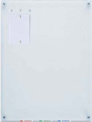 Magnetic White Glass Dry-Erase Board Set - Includes Board, Magnets, and Marker Tray. 40" x 60" glass board. Large with magnets holding paper and expo markers being stored on marker tray.