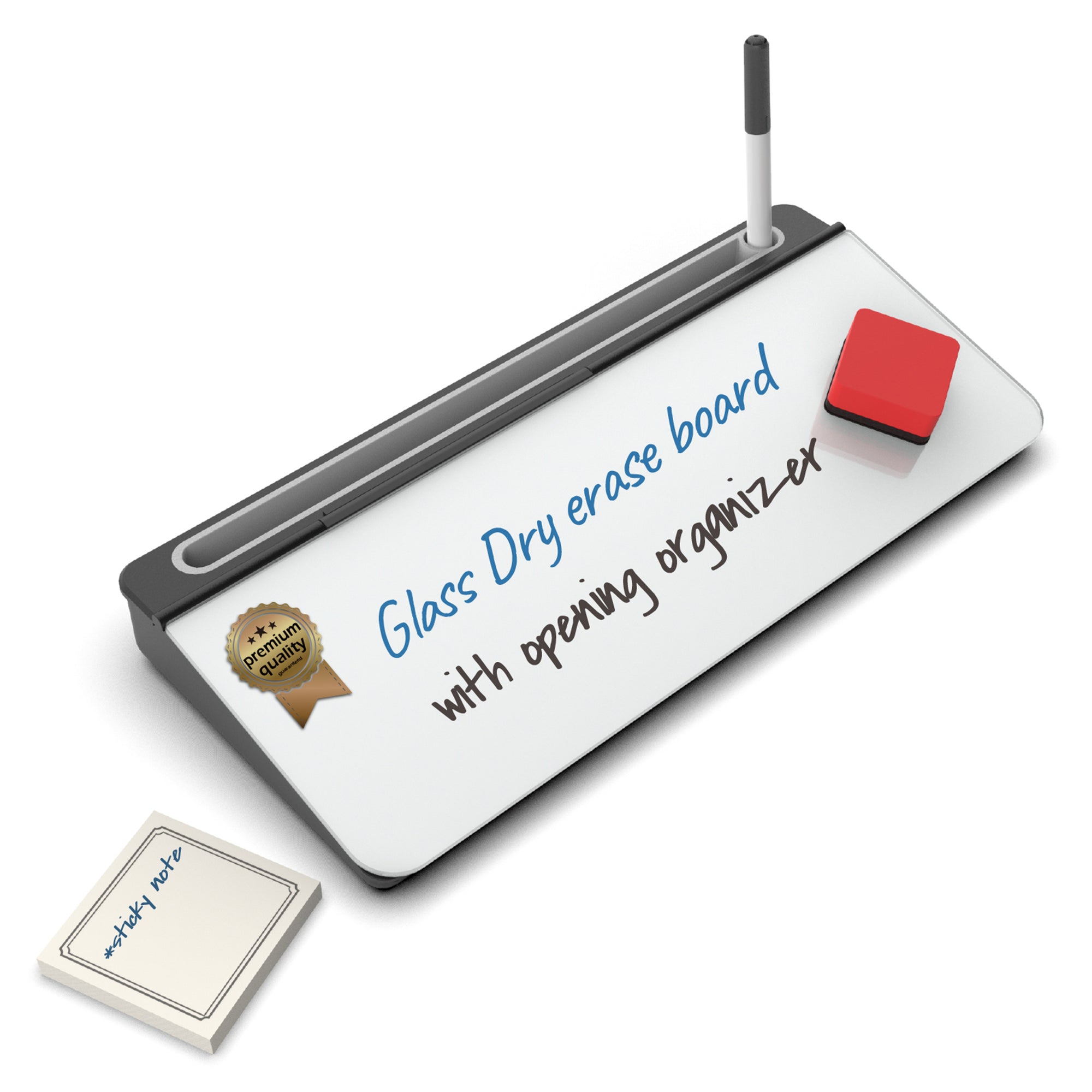 Audio-Visual Direct Glass Dry Erase board with opening organizer for desktop. 