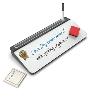 Audio-Visual Direct Glass Dry Erase board with opening organizer for desktop. 
