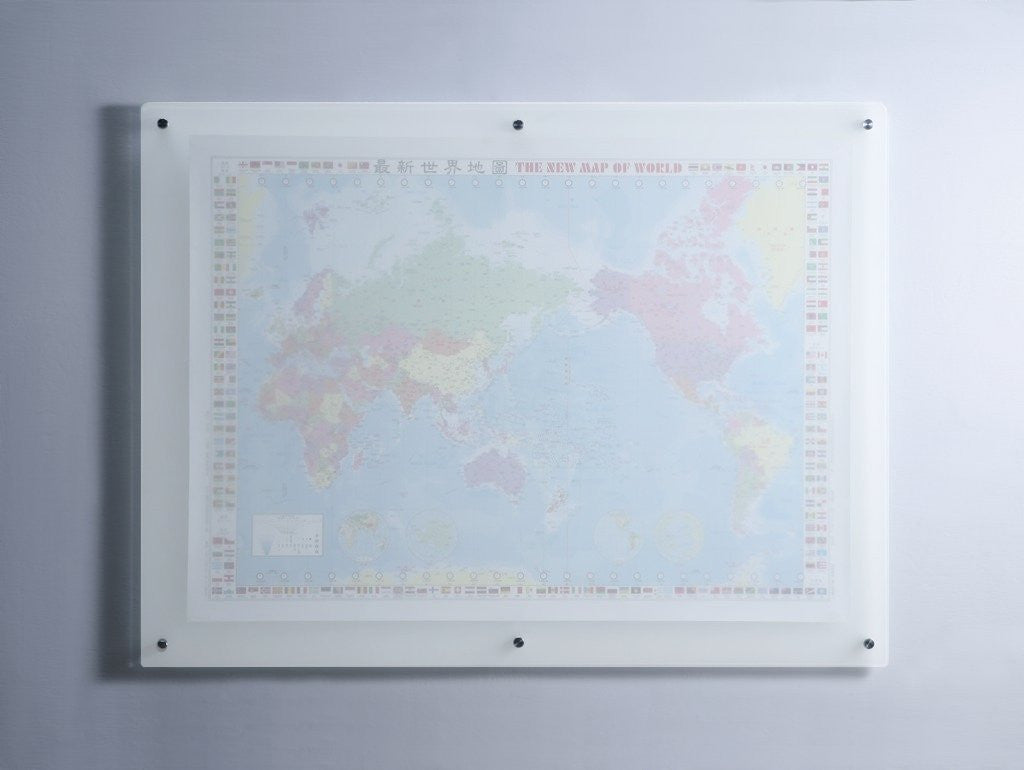 Frosted Glass Dry-Erase Board with Aluminum Marker Tray (Non-Magnetic). Wall Mounted with map behind it to show semi transparent properties 