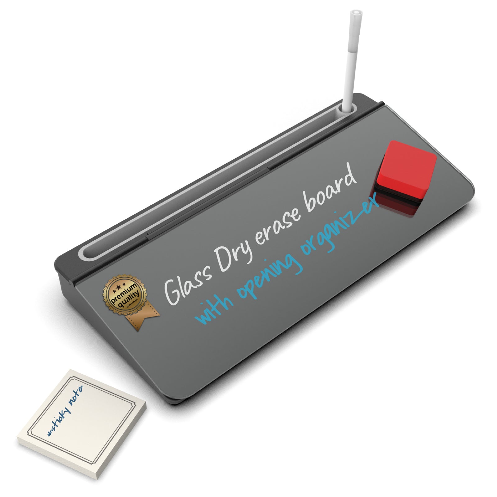 Audio-Visual Direct Glass Dry Erase board with opening organizer for desktop. 