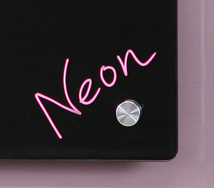 Black Glass Dry-Erase Board with Aluminum Marker Tray. Close up to show neon color pop. 