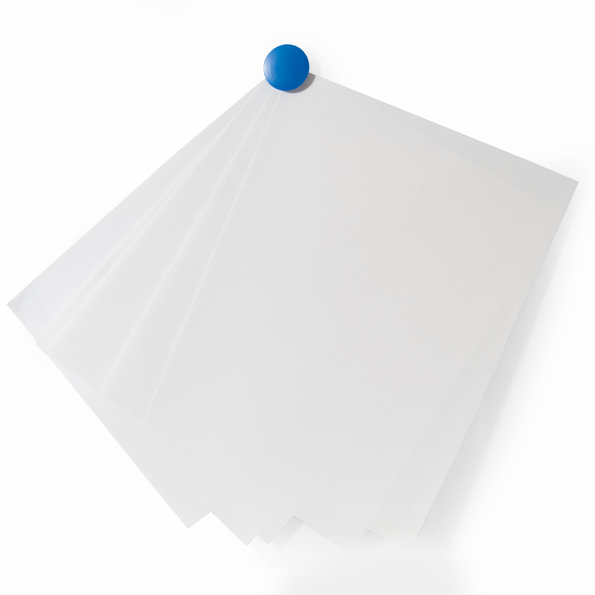 High Powered Magnets for Glass Dry-Erase Boards, Set of 5 Blue.  Holding 5 pieces of paper on a glass board. 