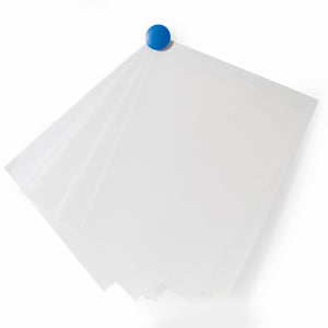 High Powered Magnets for Glass Dry-Erase Boards, Set of 5 Blue.  Holding 5 pieces of paper on a glass board. 