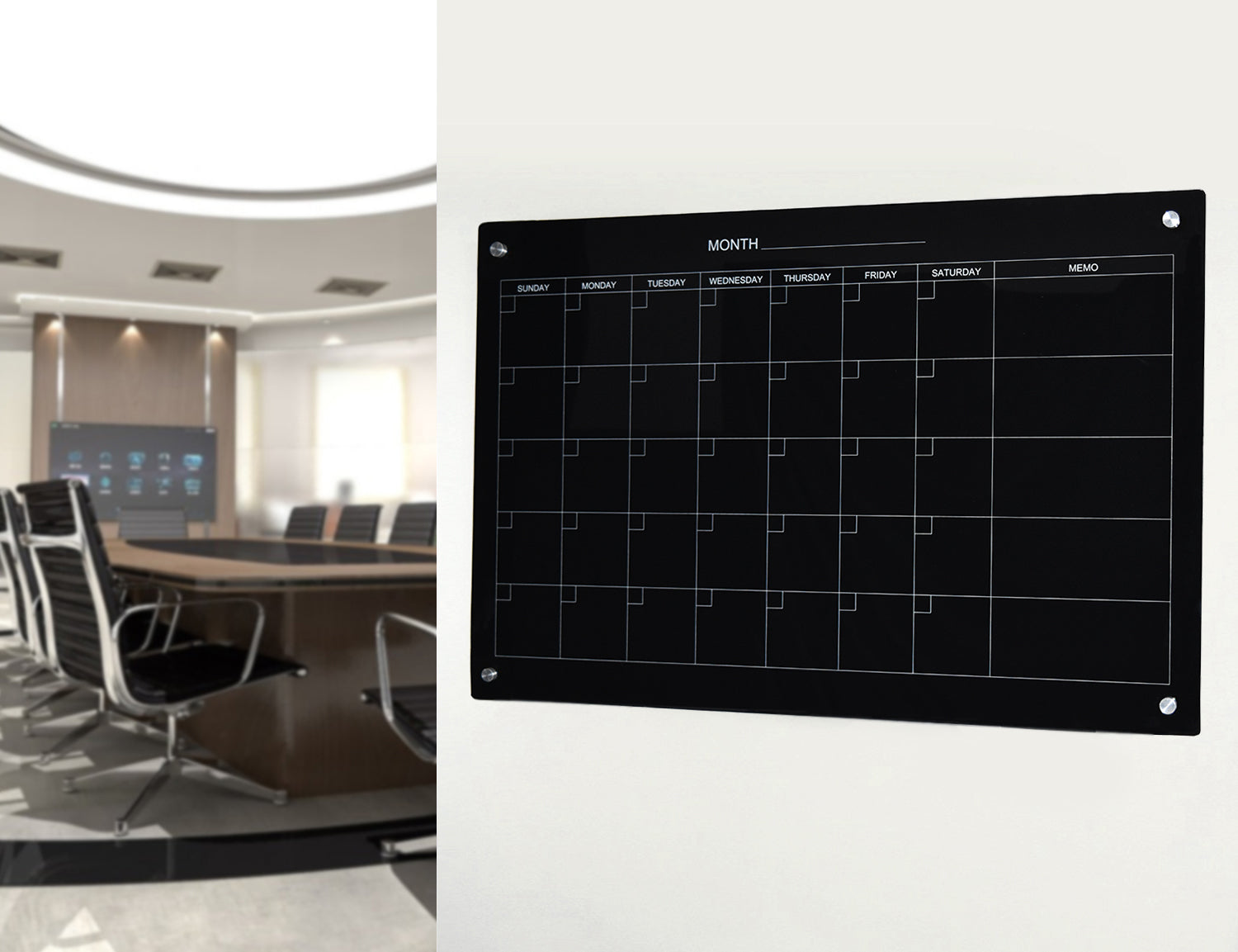 Audio-Visual Direct Wall Mounted Magnetic Black 30 Day Monthly Calendar Glass Dry-Erase Board Set in a Business Office.
