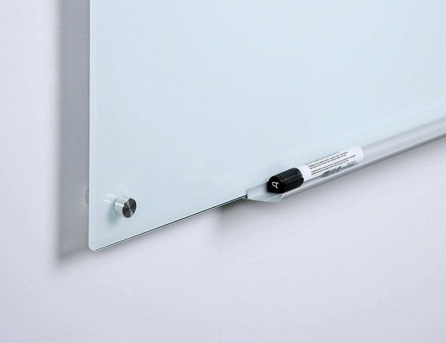 Magnetic White Glass Dry-Erase Board Set - Includes Board, Magnets, and Marker Tray. Showing frameless design and rounded corners. 