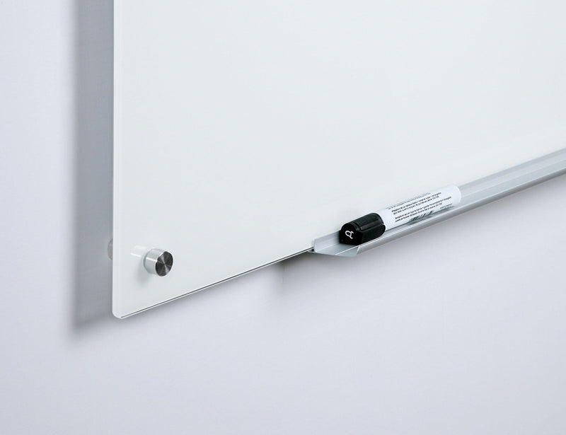 Magnetic Ultra White Glass Dry-Erase Board Set - Includes Board,  Neodymium Magnets, and Marker Tray. Showing frameless design with rounded corners. 