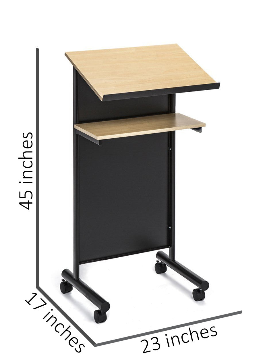 Wheeled Lectern with Storage Shelf - Beech/Black - Compact Standing Desk for Reading - Laptop Stand