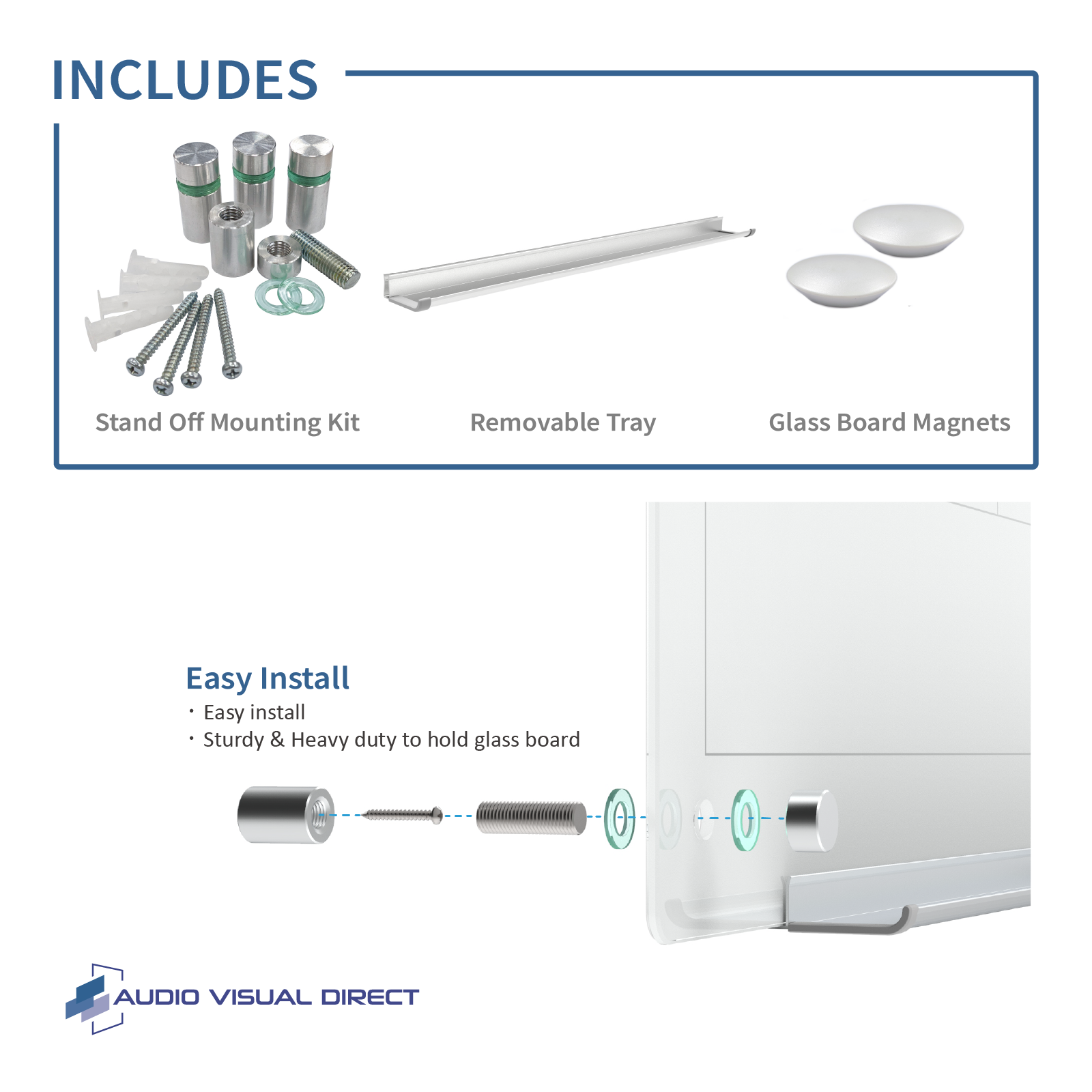 Audio-Visual Direct Magnetic White Weekly Calendar Dry- Erase Board Set infographic includes stand off mounting kit, removable tray, glass board magnets. 