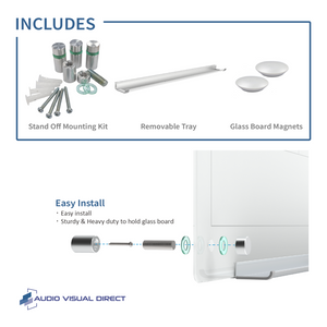 Audio-Visual Direct Magnetic White Weekly Calendar Dry- Erase Board Set infographic includes stand off mounting kit, removable tray, glass board magnets. 