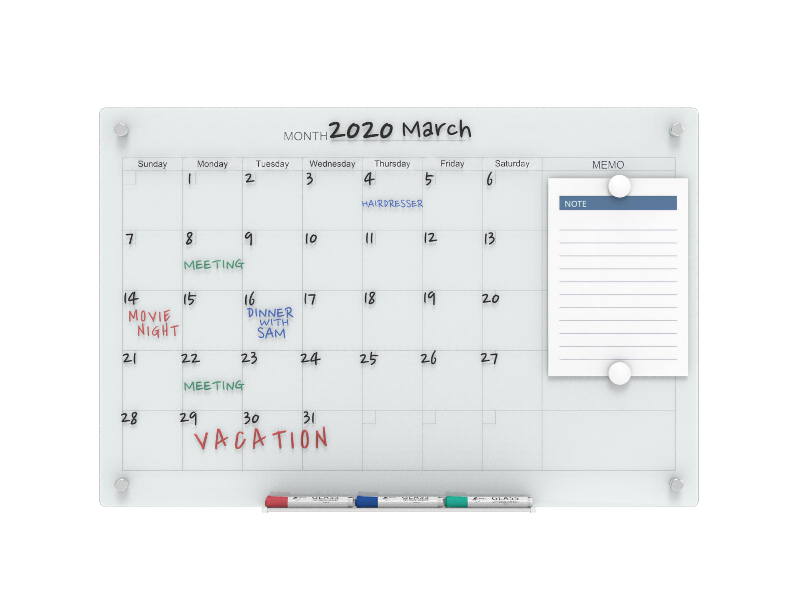 Audio-Visual Direct Wall Mounted Magnetic Black 30 Day Monthly Calendar Glass Dry-Erase Board Set.