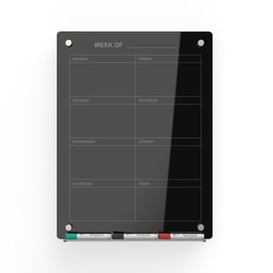 Weekly Planner in Black Tempered glass color. Dry erase markers resting on the included marker tray. 
