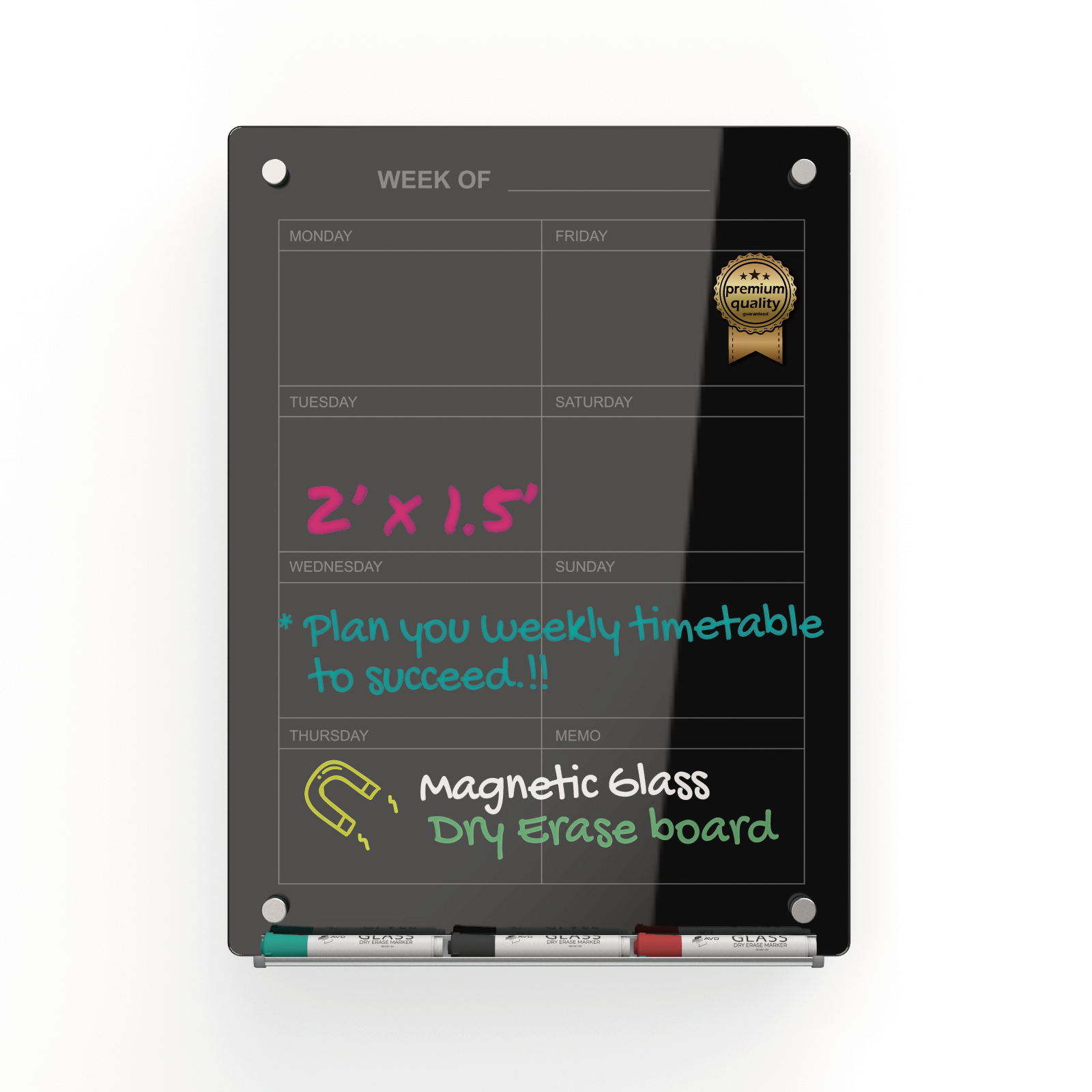 Audio-Visual Direct Wall Mounted Glass Dry Erase Weekly Planner in Black Tempered glass color. 