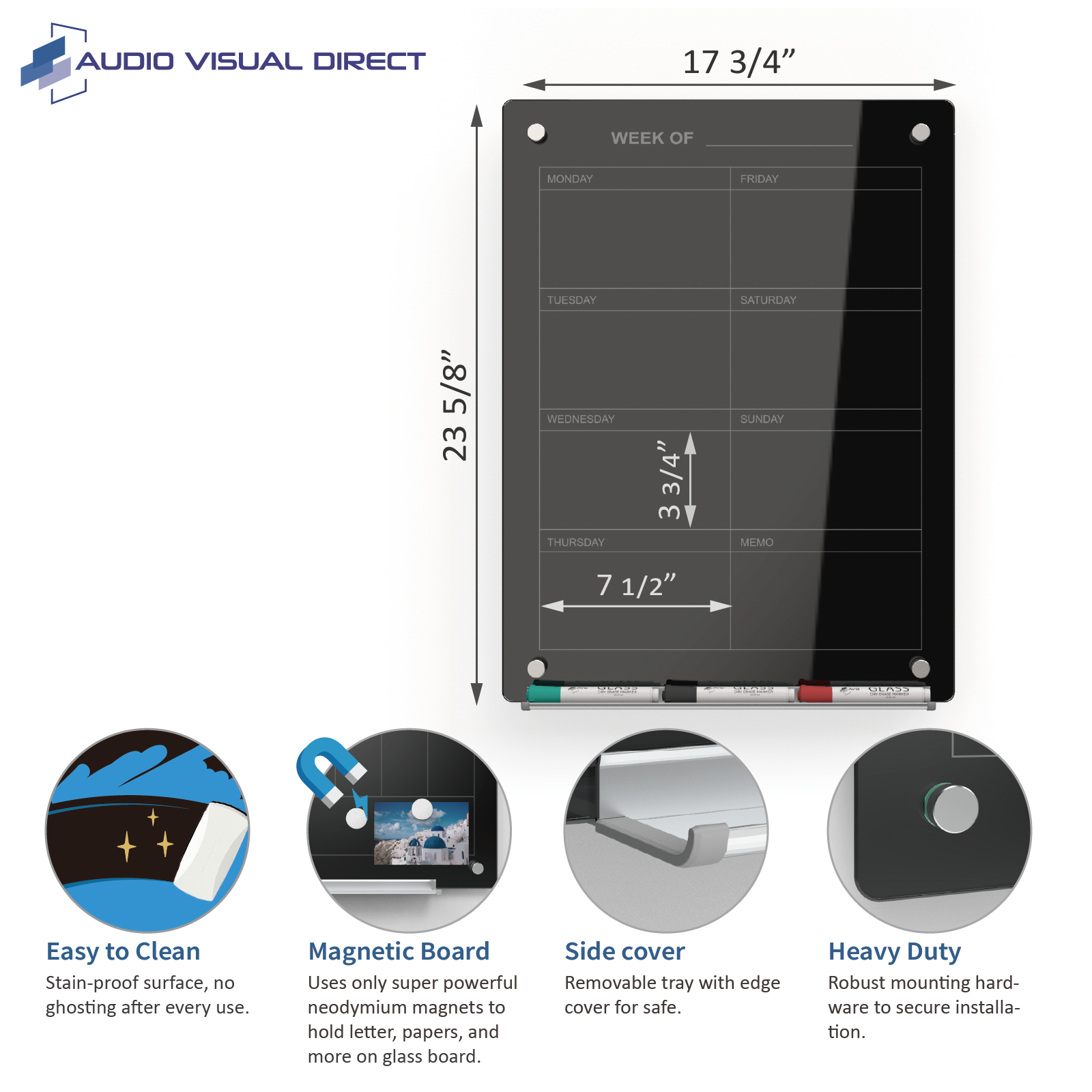 Weekly Planner in Black Tempered glass color. Measures 23 5/8" x 17 3/4" . 