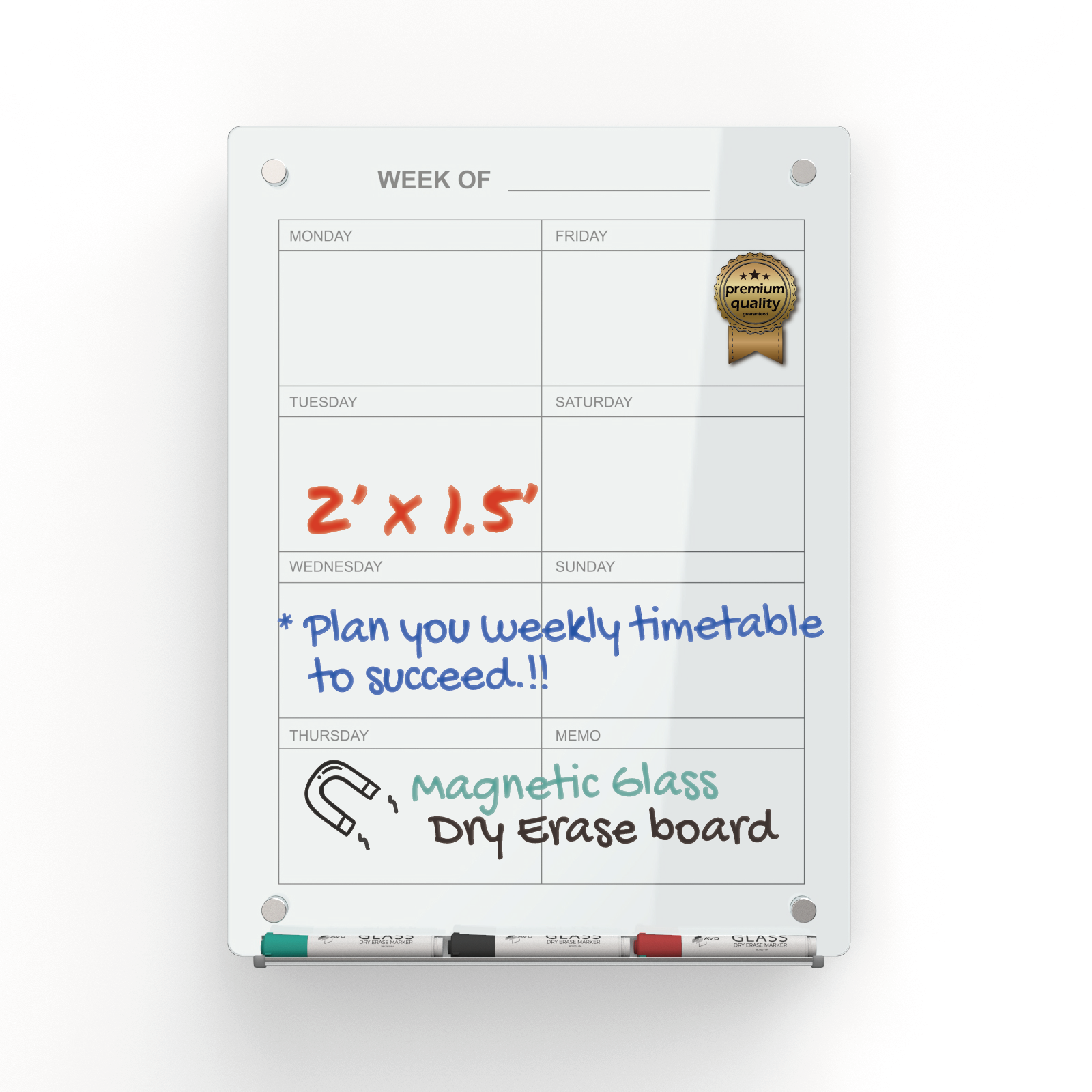 Audio-Visual Direct Wall Mounted Glass Dry Erase Weekly Planner in Black Tempered glass color. 