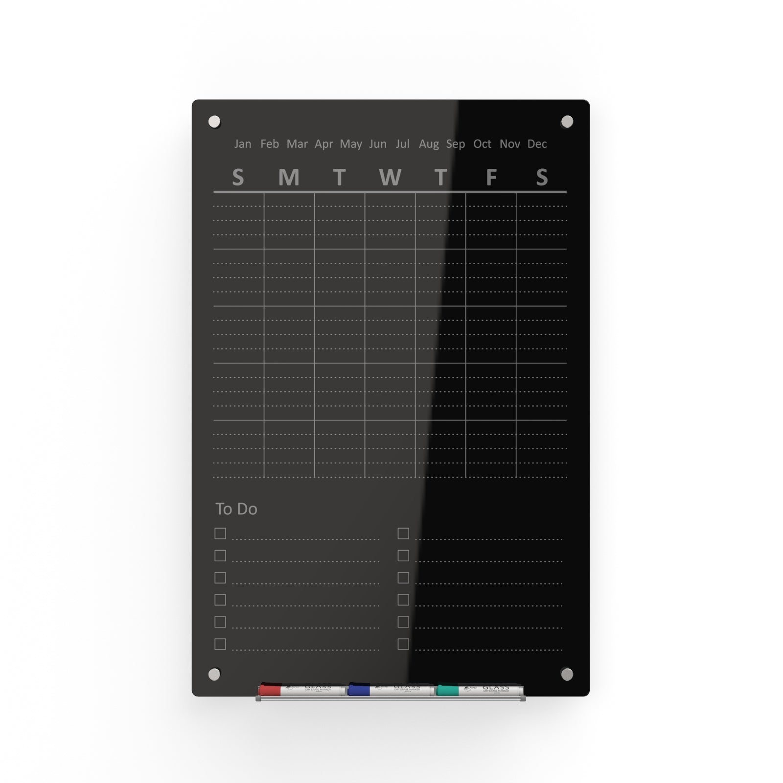 Audio-Visual Direct Glass Wall Mounted Chore Board / To Do list planner weekly in black.