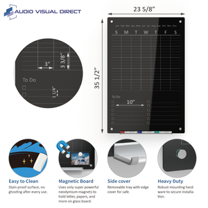 Audio-Visual Direct Glass Wall Mounted Chore Board / To Do list planner weekly in black. Showing it is easy to clean, magnetic, and heavy duty.