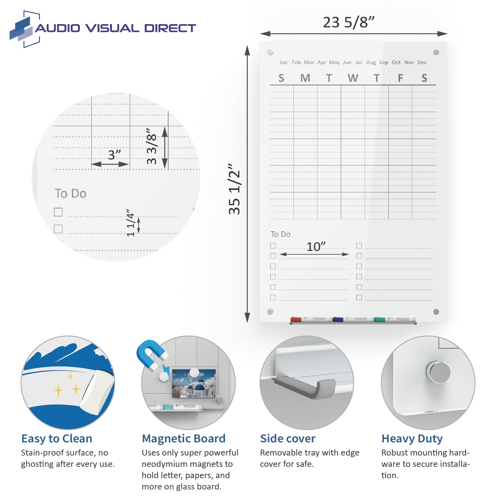 Audio-Visual Direct Glass Wall Mounted Chore Board / To Do list planner weekly in white.  Showing it is easy to clean, magnetic, and heavy duty. 