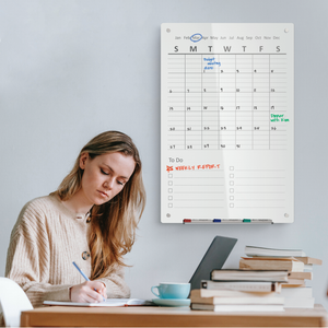 Audio-Visual Direct Glass Wall Mounted Chore Board / To Do list planner weekly in white. Lifestyle image showing a group discussing it in an office setting.