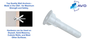 Top Quality Wall Anchors included. Made in the USA for maximum strength when mounting on a dry wall. 